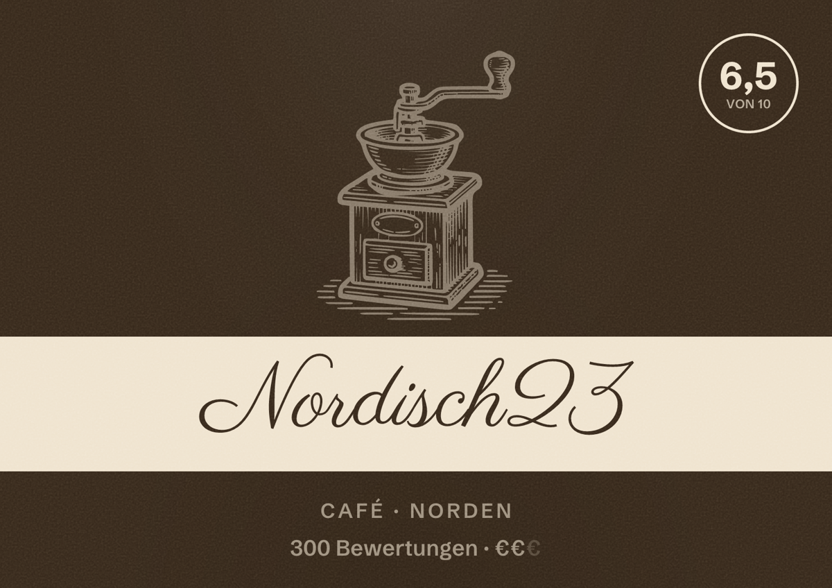 Illustriertes Poster von Nordisch23, Café in Norden: Bewertung 6,5 von 10 aus 300 Bewertungen, Preisniveau €€
