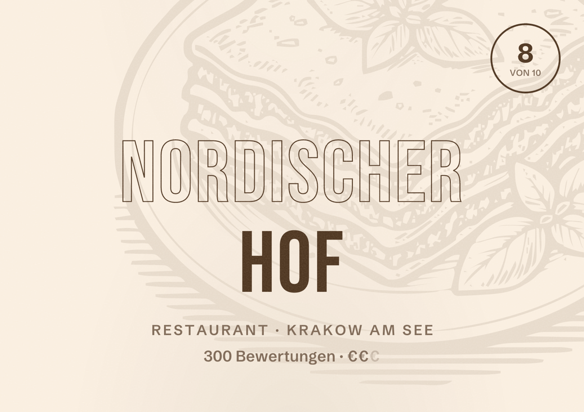 Illustriertes Poster von Nordischer Hof, Restaurant in Krakow am See: Bewertung 8 von 10 aus 300 Bewertungen, Preisniveau €€