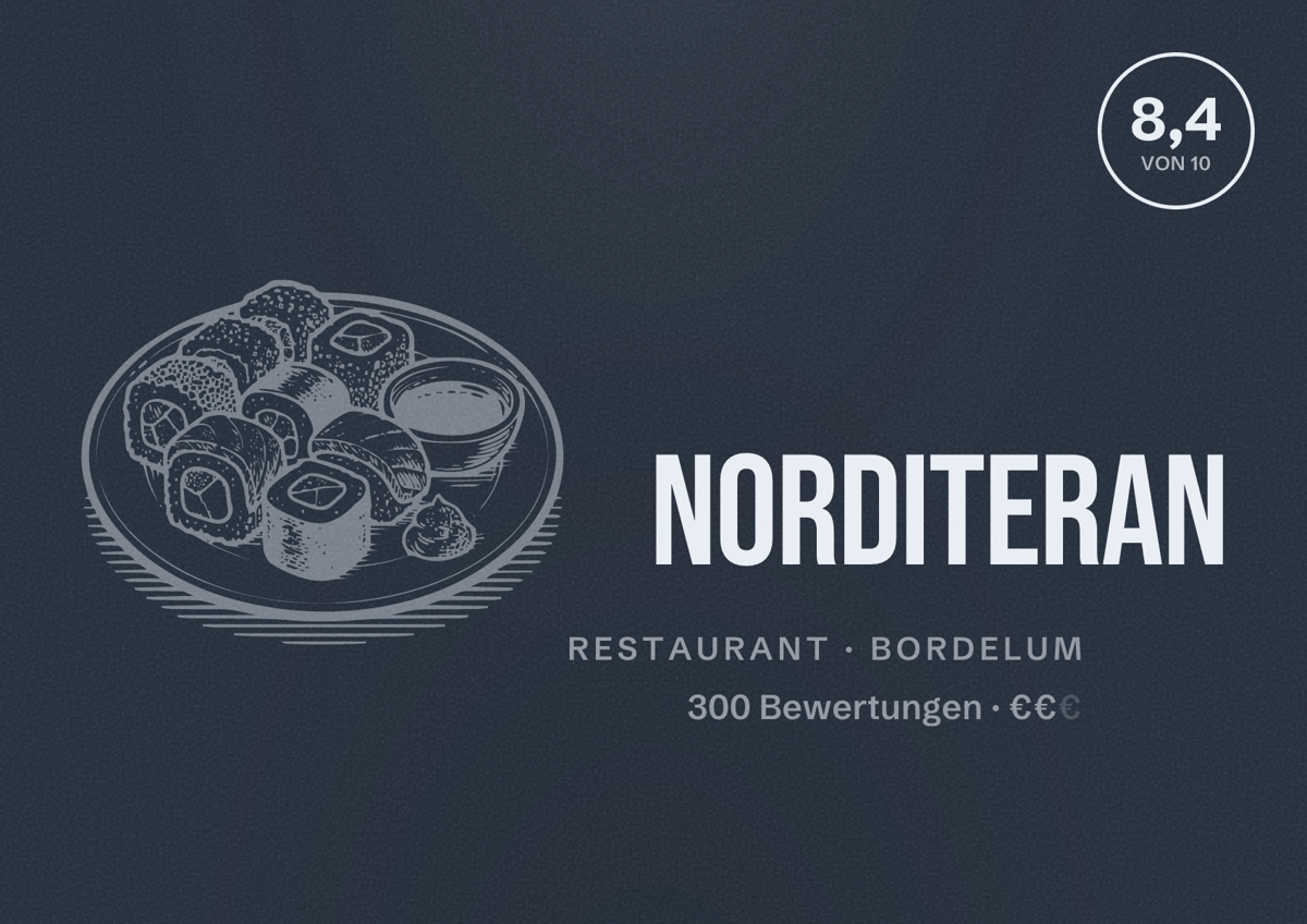 Illustriertes Poster von norditeran, Restaurant in Bordelum: Bewertung 8,4 von 10 aus 300 Bewertungen, Preisniveau €€