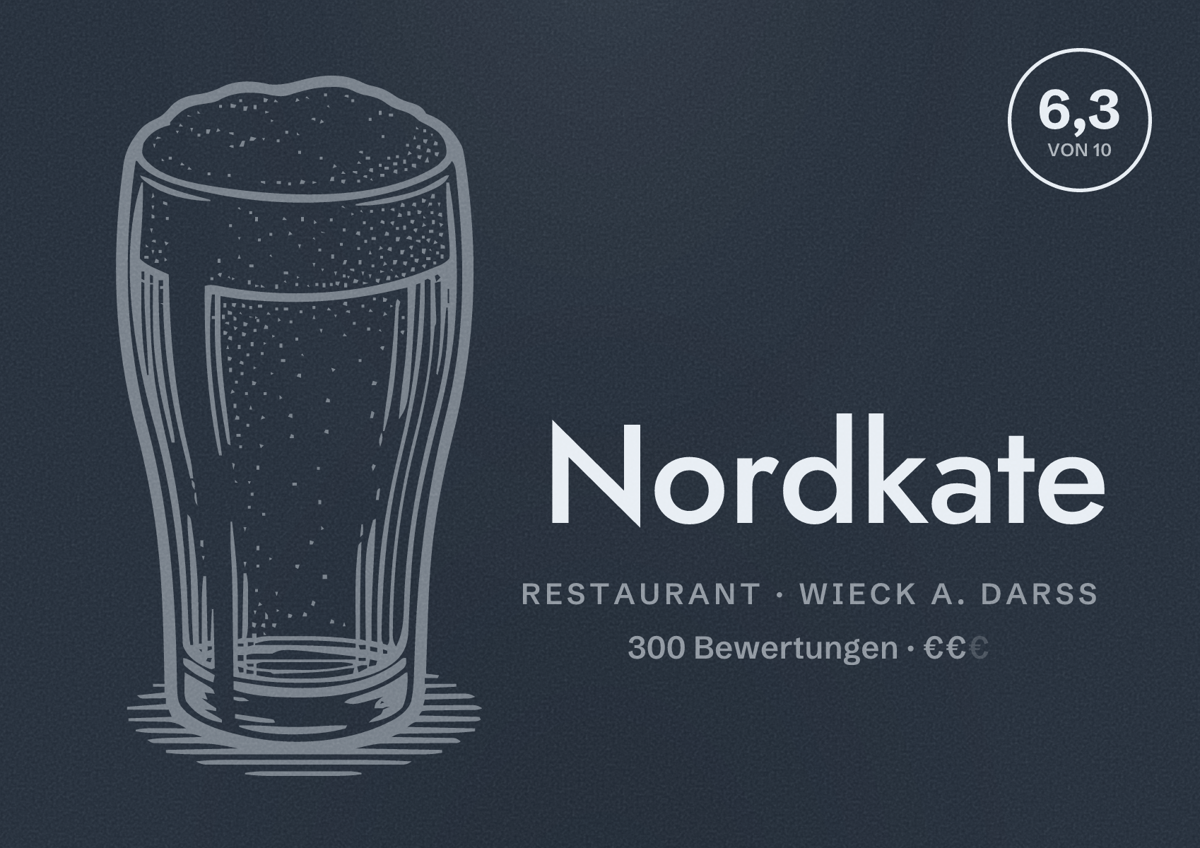 Illustriertes Poster von Nordkate, Restaurant in Wieck a. Darß: Bewertung 6,3 von 10 aus 300 Bewertungen, Preisniveau €€