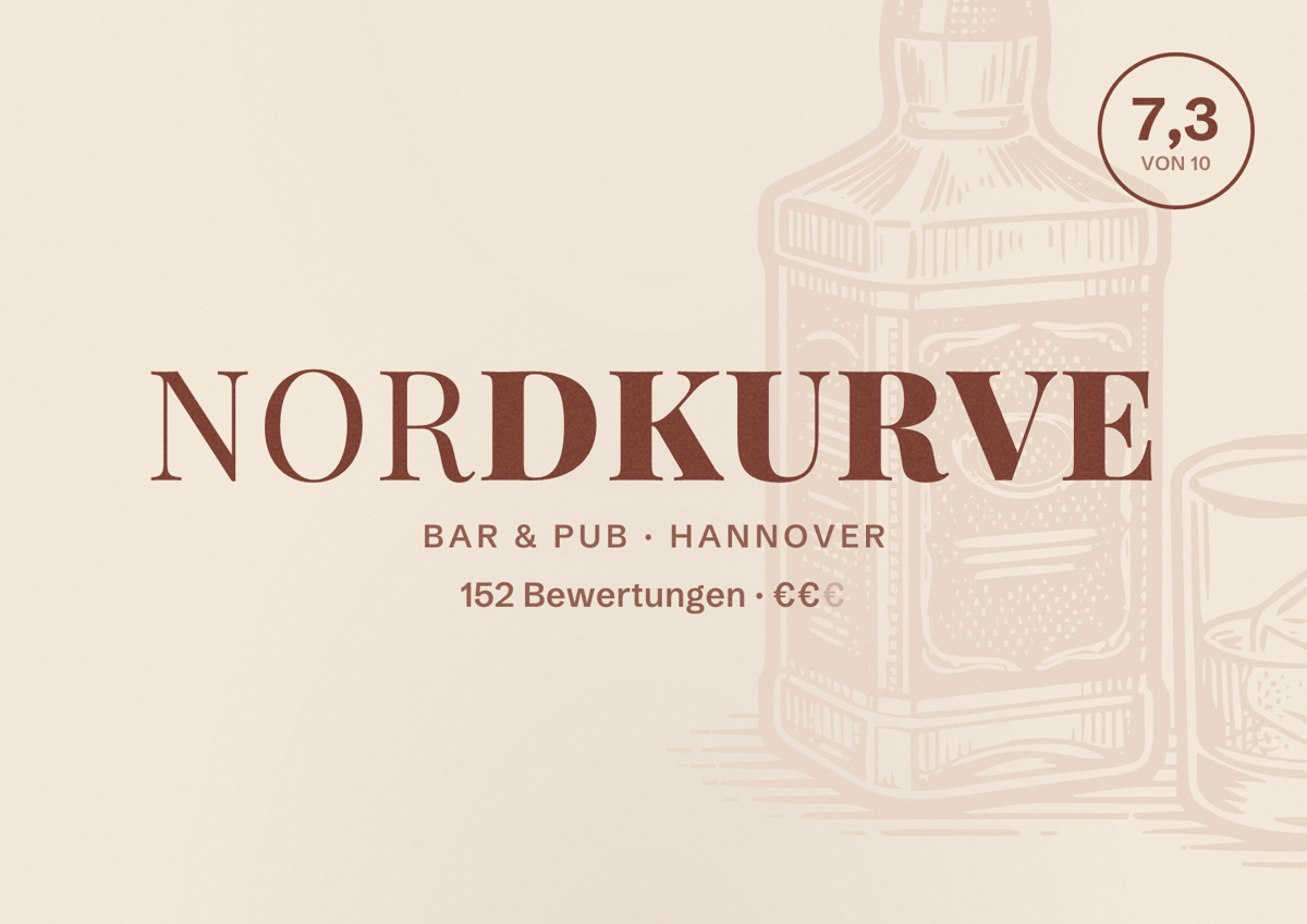 Illustriertes Poster von Nordkurve, Bar & Pub in Hannover: Bewertung 7,3 von 10 aus 152 Bewertungen, Preisniveau €€