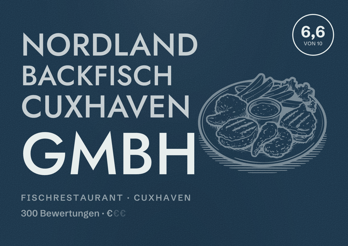 Illustriertes Poster von Nordland Backfisch Cuxhaven GmbH, Fischrestaurant in Cuxhaven: Bewertung 6,6 von 10 aus 300 Bewertungen, Preisniveau €