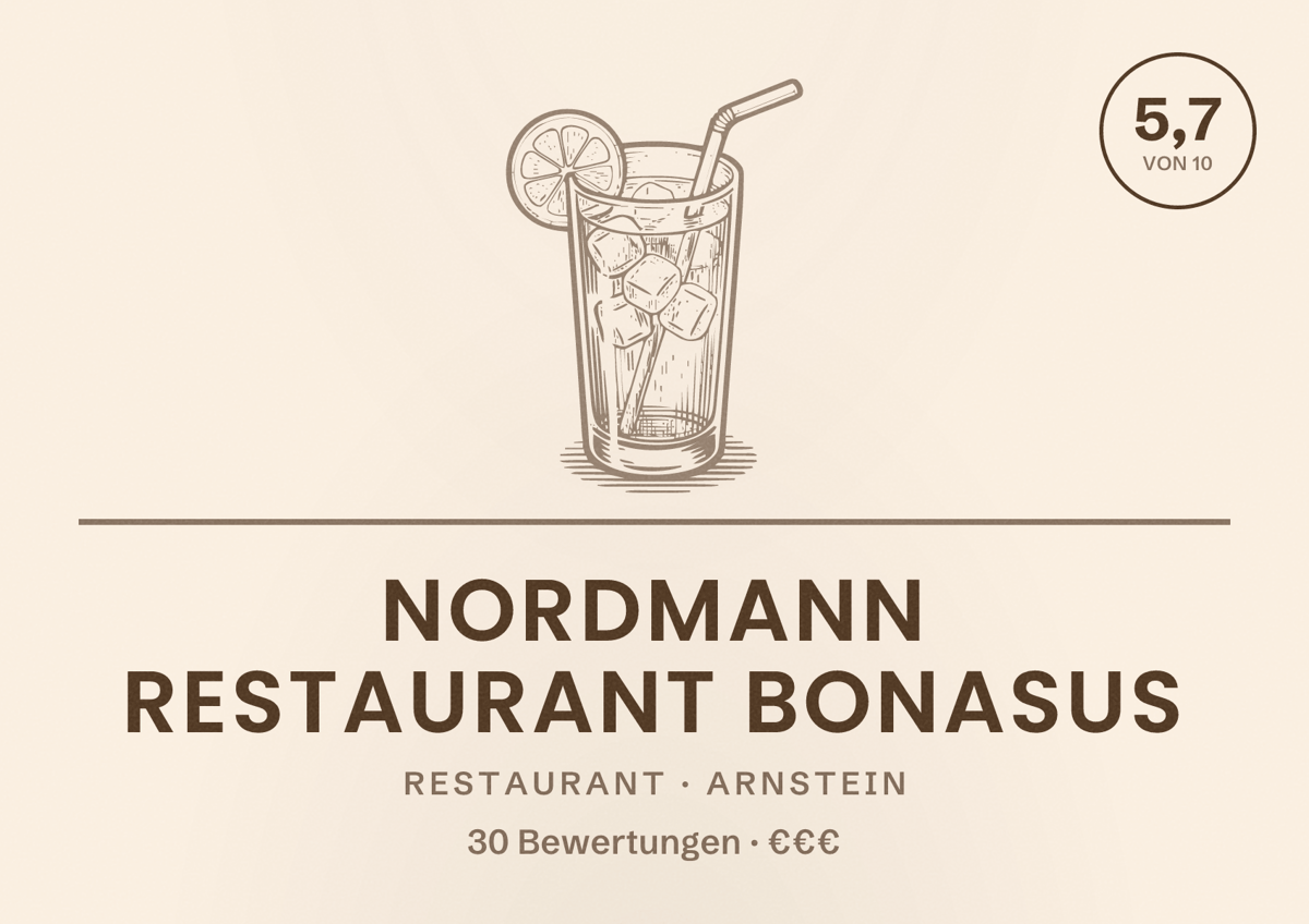 Illustriertes Poster von Nordmann Restaurant Bonasus, Restaurant in Arnstein: Bewertung 5,7 von 10 aus 30 Bewertungen, Preisniveau €€€