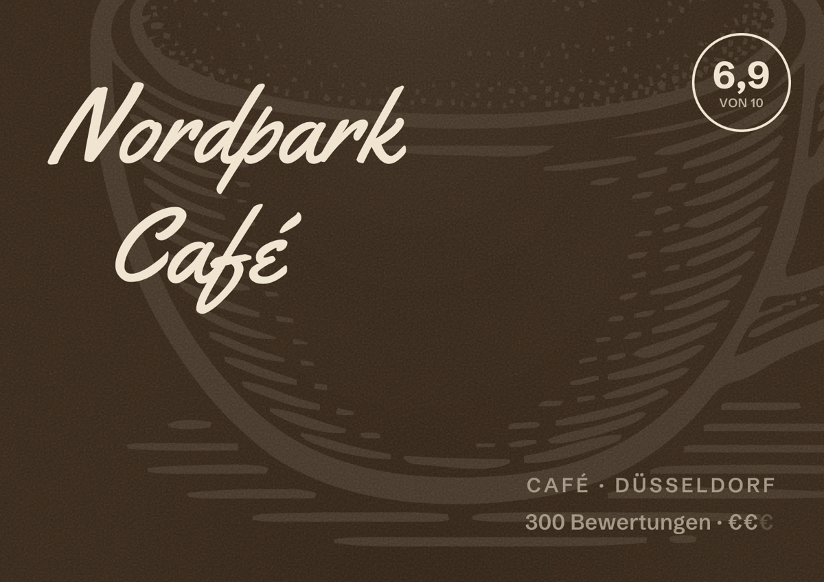 Illustriertes Poster von Nordpark Café, Café in Düsseldorf: Bewertung 6,9 von 10 aus 300 Bewertungen, Preisniveau €€