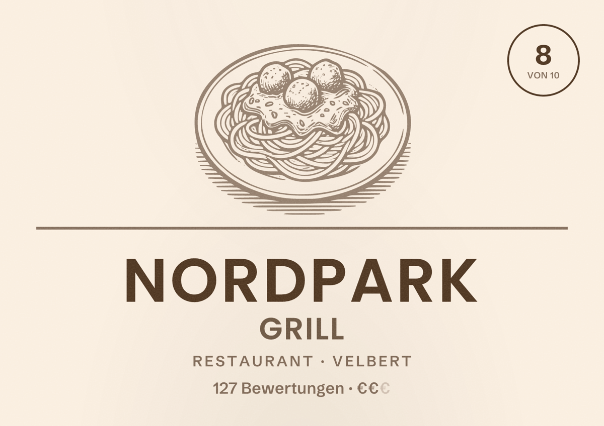 Illustriertes Poster von Nordpark Grill, Restaurant in Velbert: Bewertung 8 von 10 aus 127 Bewertungen, Preisniveau €€