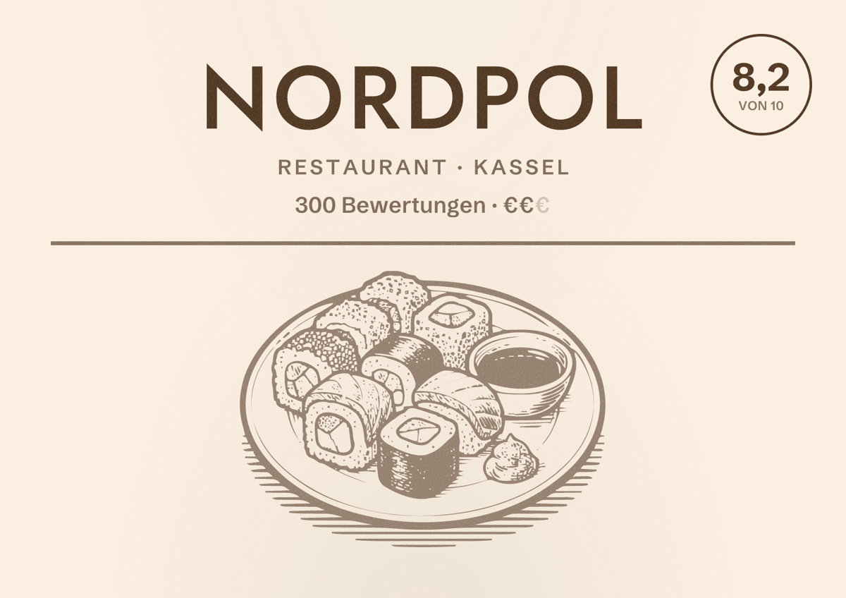 Illustriertes Poster von Nordpol, Restaurant in Kassel: Bewertung 8,2 von 10 aus 300 Bewertungen, Preisniveau €€