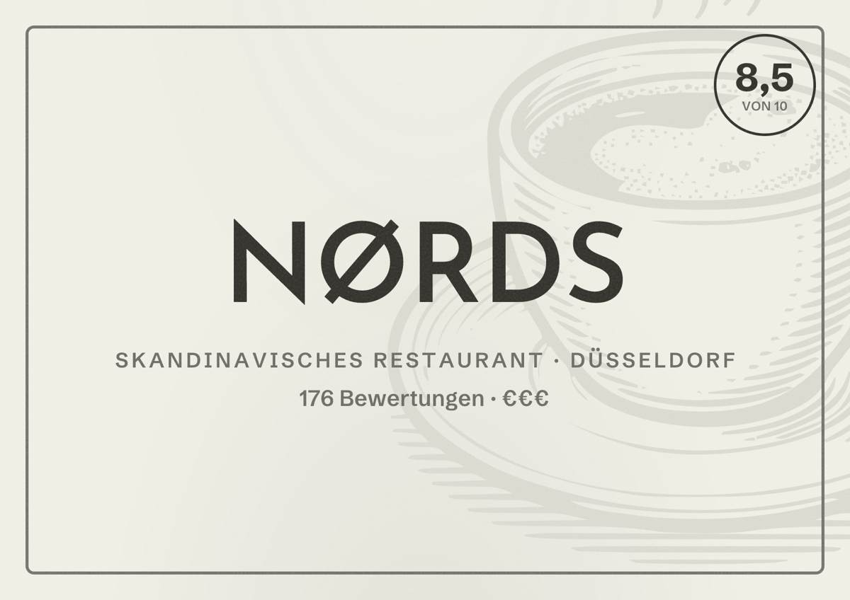 Illustriertes Poster von NØRDS, Skandinavisches Restaurant in Düsseldorf: Bewertung 8,5 von 10 aus 176 Bewertungen, Preisniveau €€€