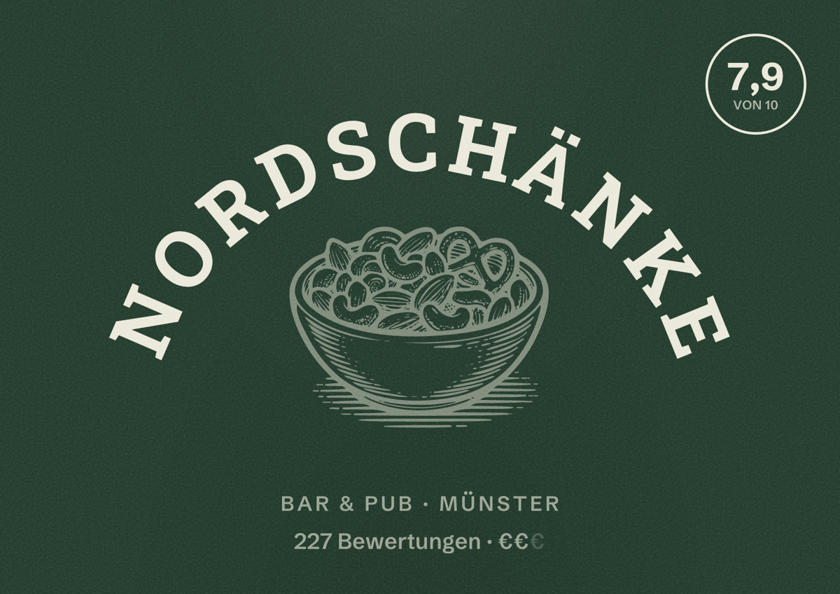 Illustriertes Poster von Nordschänke, Bar & Pub in Münster: Bewertung 7,9 von 10 aus 227 Bewertungen, Preisniveau €€