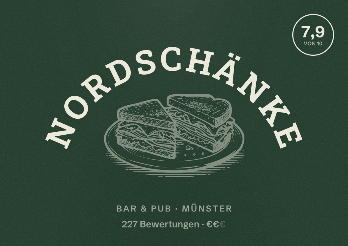 Illustriertes Poster von Nordschänke, Bar & Pub in Münster: Bewertung 7,9 von 10 aus 227 Bewertungen, Preisniveau €€