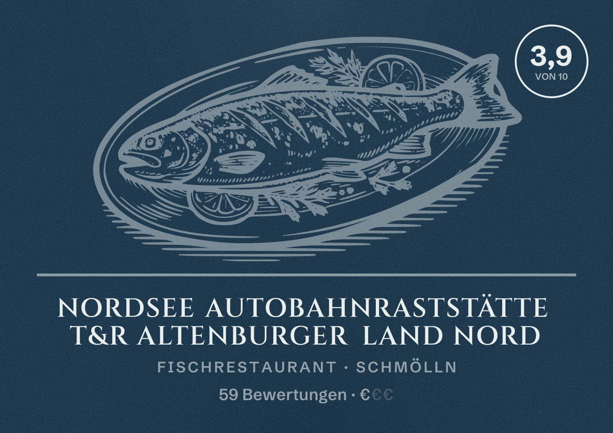 Illustriertes Poster von NORDSEE Autobahnraststätte T&R Altenburger Land Nord, Fischrestaurant in Schmölln: Bewertung 3,9 von 10 aus 59 Bewertungen, Preisniveau €