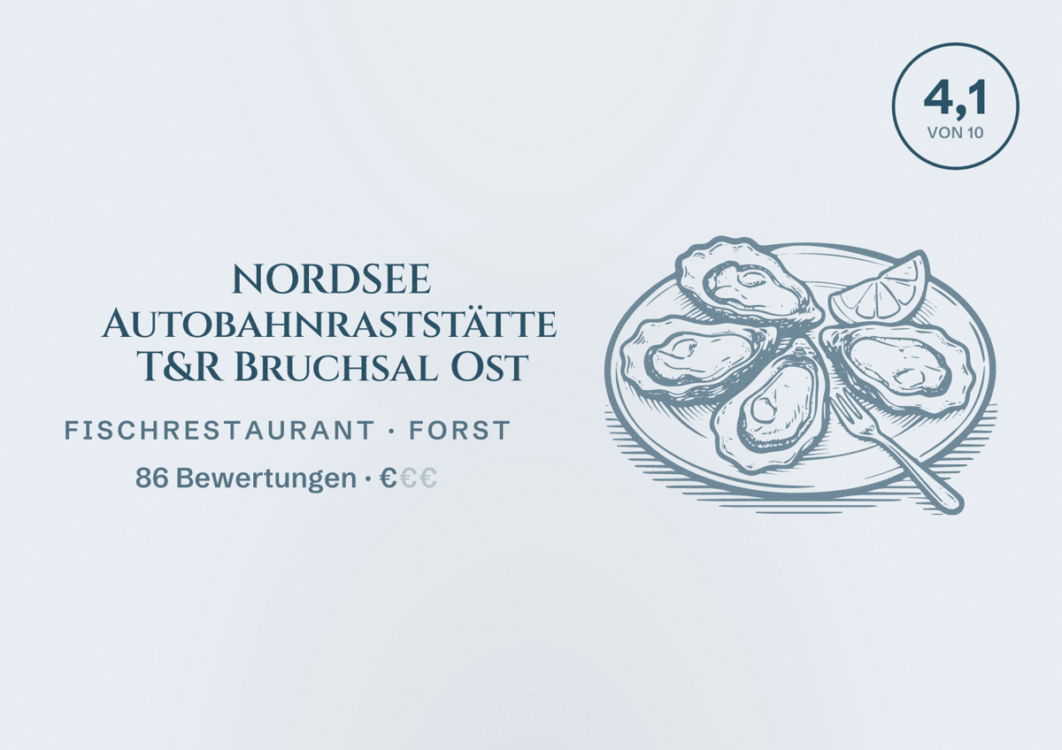 Illustriertes Poster von NORDSEE Autobahnraststätte T&R Bruchsal Ost, Fischrestaurant in Forst: Bewertung 4,1 von 10 aus 86 Bewertungen, Preisniveau €