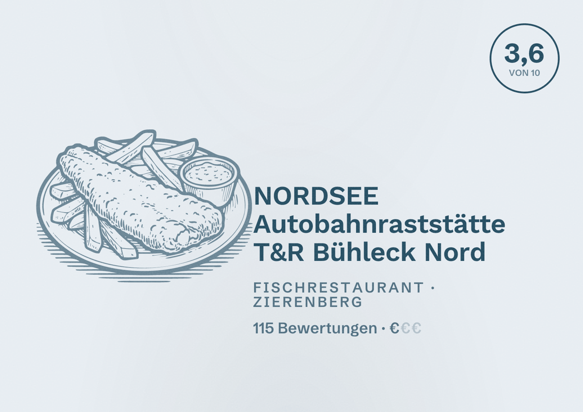 Illustriertes Poster von NORDSEE Autobahnraststätte T&R Bühleck Nord, Fischrestaurant in Zierenberg: Bewertung 3,6 von 10 aus 115 Bewertungen, Preisniveau €