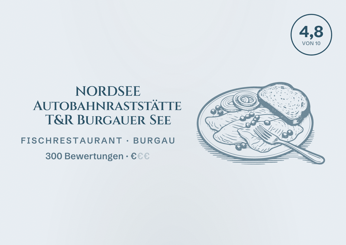 Illustriertes Poster von NORDSEE Autobahnraststätte T&R Burgauer See, Fischrestaurant in Burgau: Bewertung 4,8 von 10 aus 300 Bewertungen, Preisniveau €