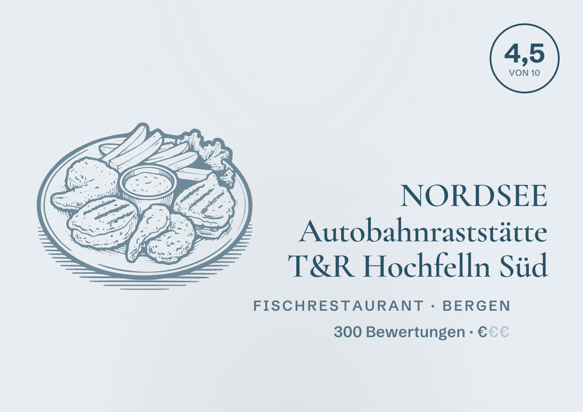 Illustriertes Poster von NORDSEE Autobahnraststätte T&R Hochfelln Süd, Fischrestaurant in Bergen: Bewertung 4,5 von 10 aus 300 Bewertungen, Preisniveau €