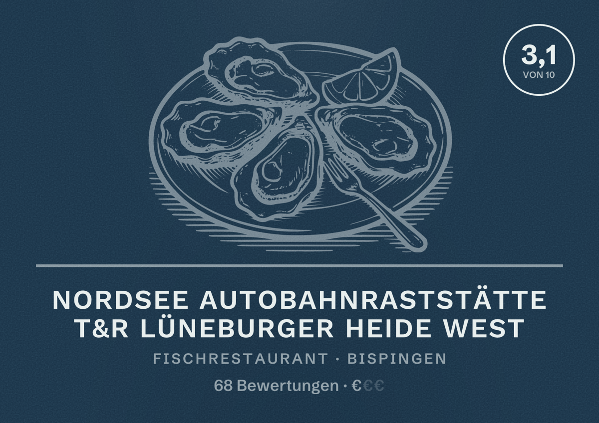 Illustriertes Poster von NORDSEE Autobahnraststätte T&R Lüneburger Heide West, Fischrestaurant in Bispingen: Bewertung 3,1 von 10 aus 68 Bewertungen, Preisniveau €