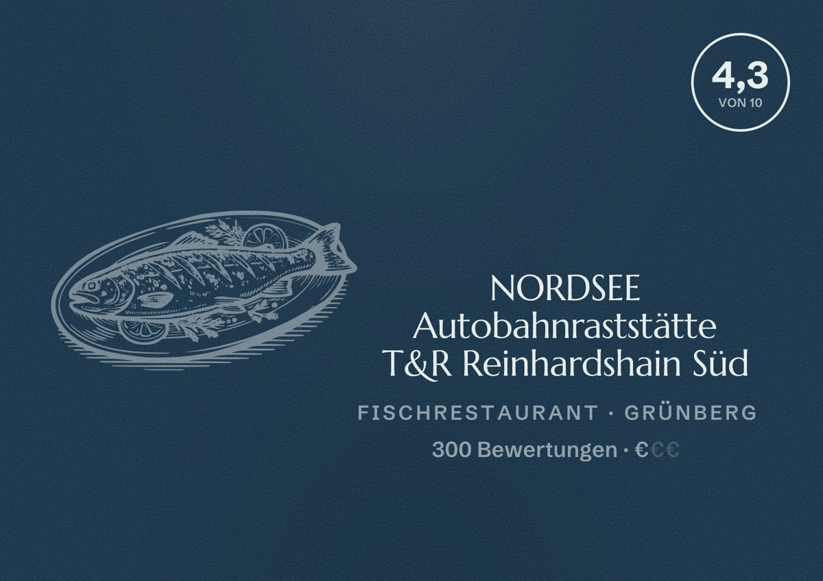 Illustriertes Poster von NORDSEE Autobahnraststätte T&R Reinhardshain Süd, Fischrestaurant in Grünberg: Bewertung 4,3 von 10 aus 300 Bewertungen, Preisniveau €