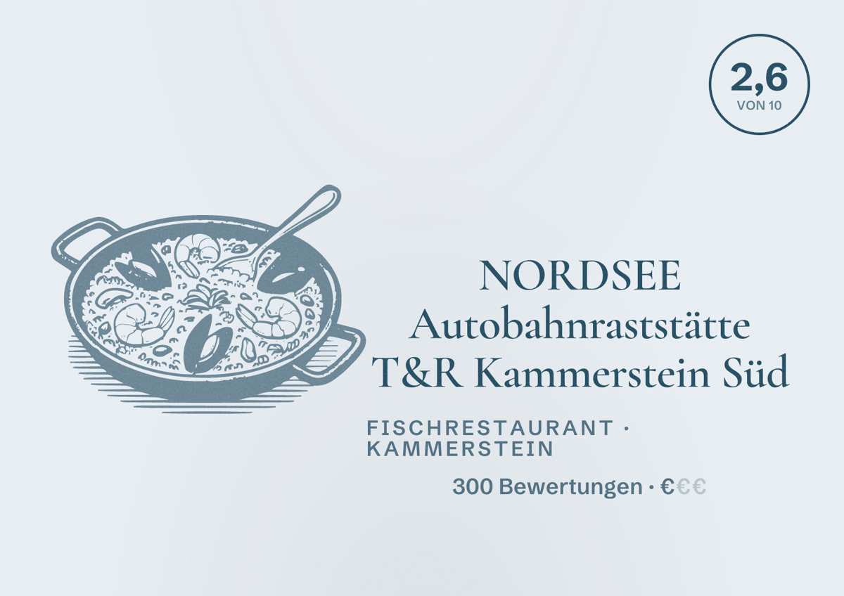 Illustriertes Poster von NORDSEE Autobahnraststätte T&R Kammerstein Süd, Fischrestaurant in Kammerstein: Bewertung 2,6 von 10 aus 300 Bewertungen, Preisniveau €