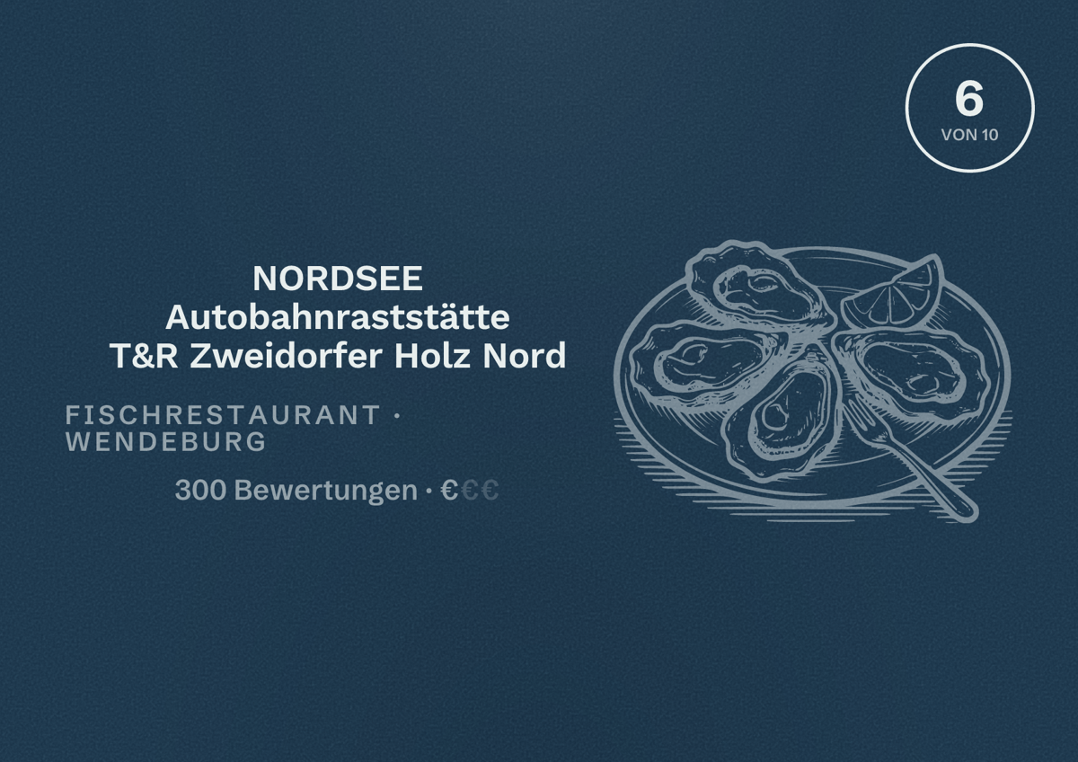 Illustriertes Poster von NORDSEE Autobahnraststätte T&R Zweidorfer Holz Nord, Fischrestaurant in Wendeburg: Bewertung 6 von 10 aus 300 Bewertungen, Preisniveau €