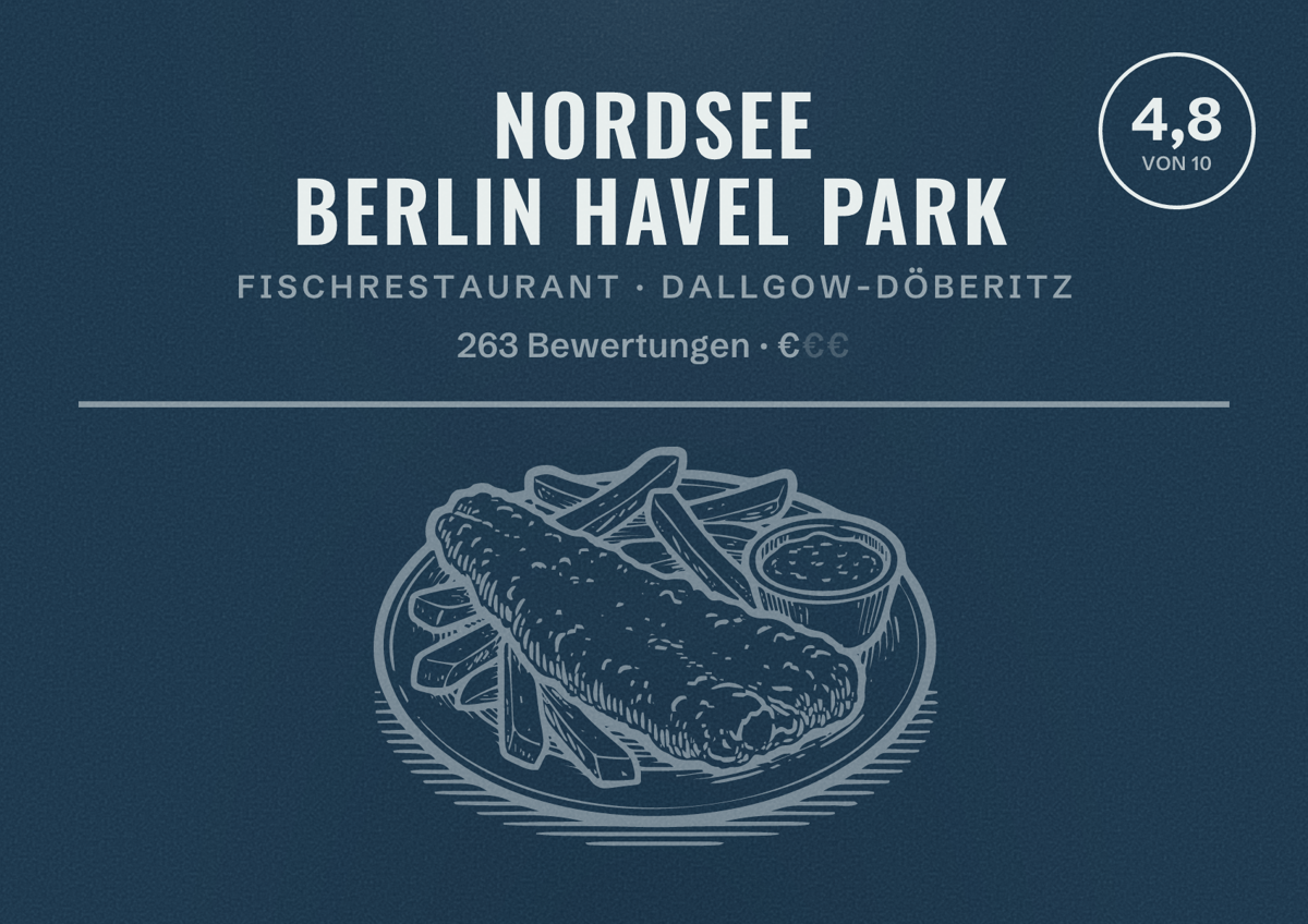 Illustriertes Poster von NORDSEE Berlin Havel Park, Fischrestaurant in Dallgow-Döberitz: Bewertung 4,8 von 10 aus 263 Bewertungen, Preisniveau €