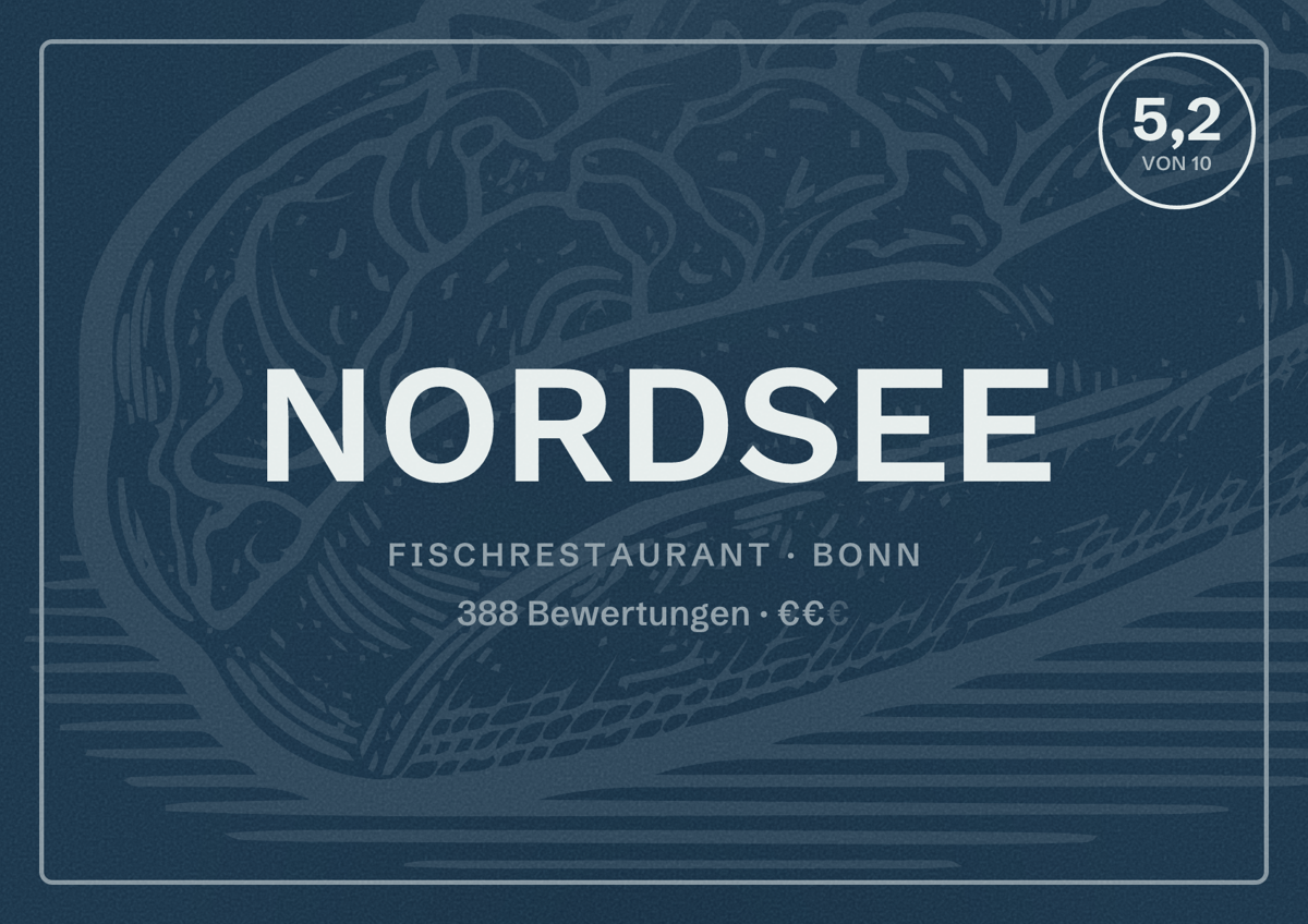 Illustriertes Poster von NORDSEE, Fischrestaurant in Bonn: Bewertung 5,2 von 10 aus 388 Bewertungen, Preisniveau €€