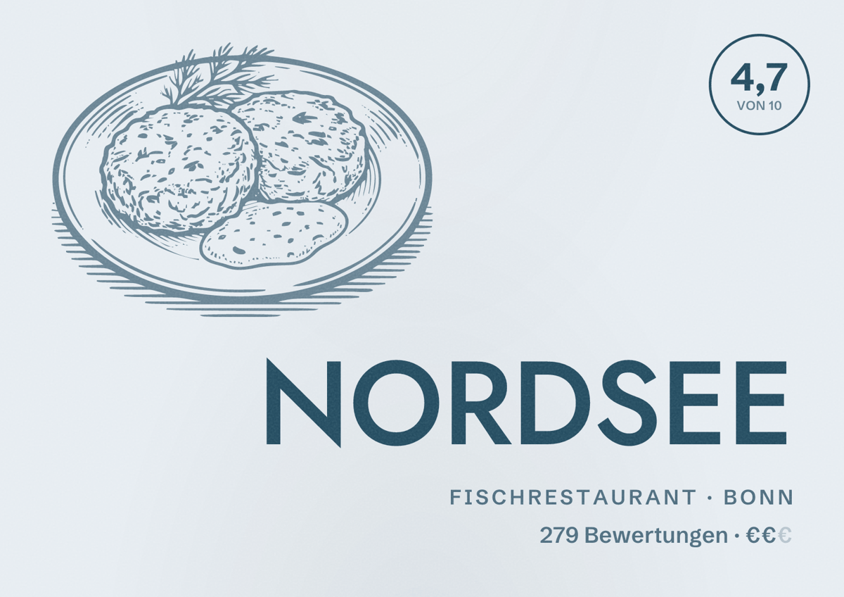Illustriertes Poster von NORDSEE, Fischrestaurant in Bonn: Bewertung 4,7 von 10 aus 279 Bewertungen, Preisniveau €€