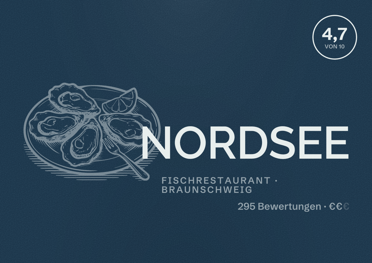 Illustriertes Poster von NORDSEE, Fischrestaurant in Braunschweig: Bewertung 4,7 von 10 aus 295 Bewertungen, Preisniveau €€
