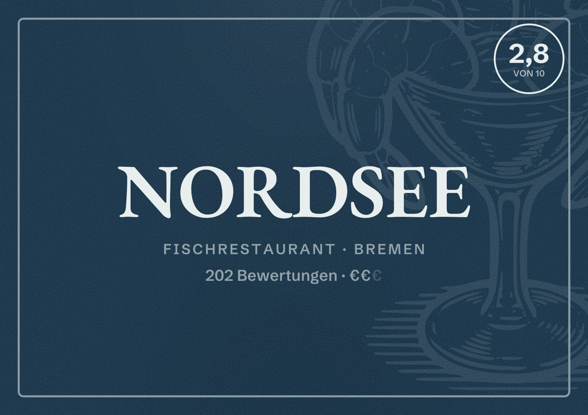 Illustriertes Poster von NORDSEE, Fischrestaurant in Bremen: Bewertung 2,8 von 10 aus 202 Bewertungen, Preisniveau €€