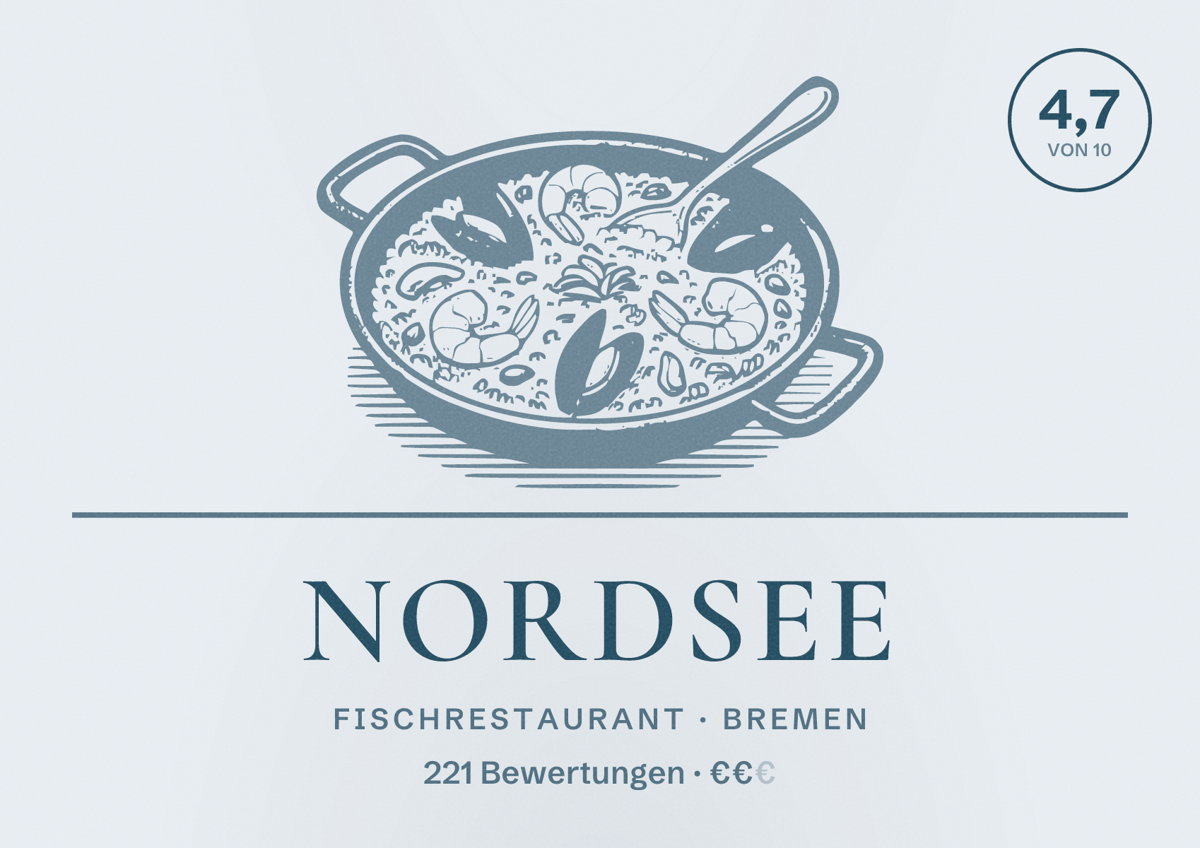 Illustriertes Poster von NORDSEE, Fischrestaurant in Bremen: Bewertung 4,7 von 10 aus 221 Bewertungen, Preisniveau €€