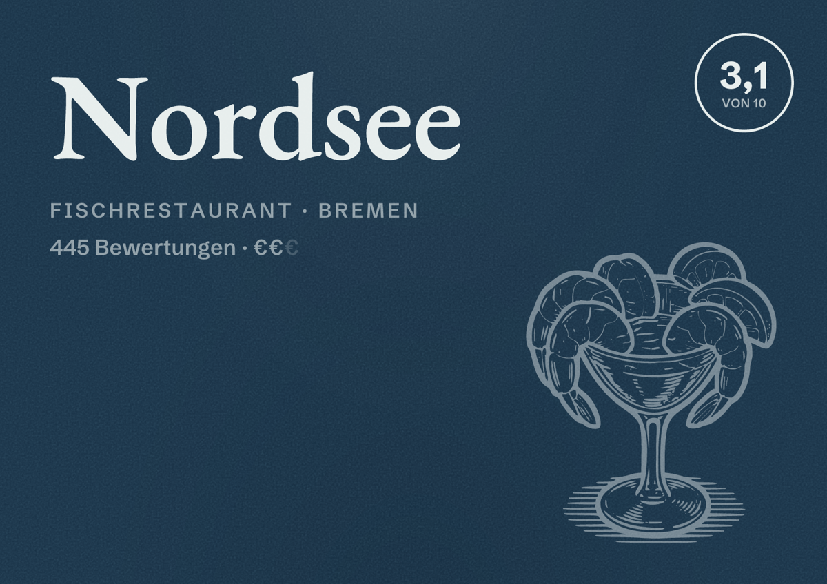 Illustriertes Poster von Nordsee, Fischrestaurant in Bremen: Bewertung 3,1 von 10 aus 445 Bewertungen, Preisniveau €€