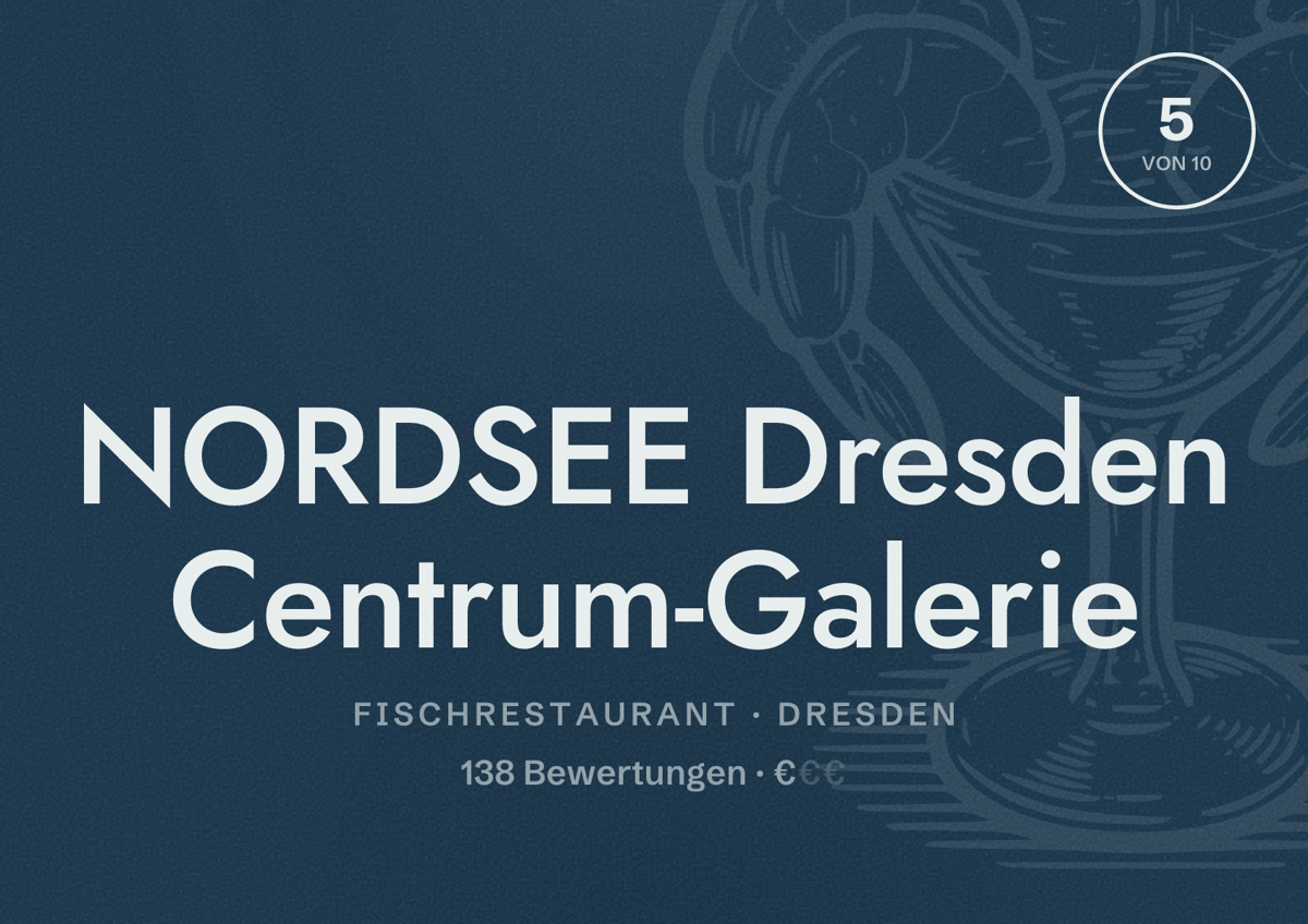 Illustriertes Poster von NORDSEE Dresden Centrum-Galerie, Fischrestaurant in Dresden: Bewertung 5 von 10 aus 138 Bewertungen, Preisniveau €