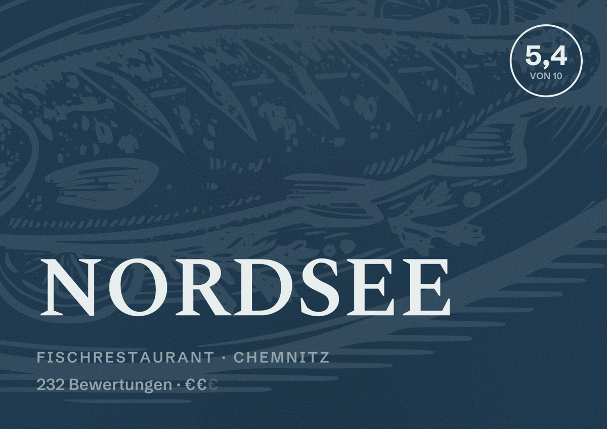 Illustriertes Poster von NORDSEE, Fischrestaurant in Chemnitz: Bewertung 5,4 von 10 aus 232 Bewertungen, Preisniveau €€