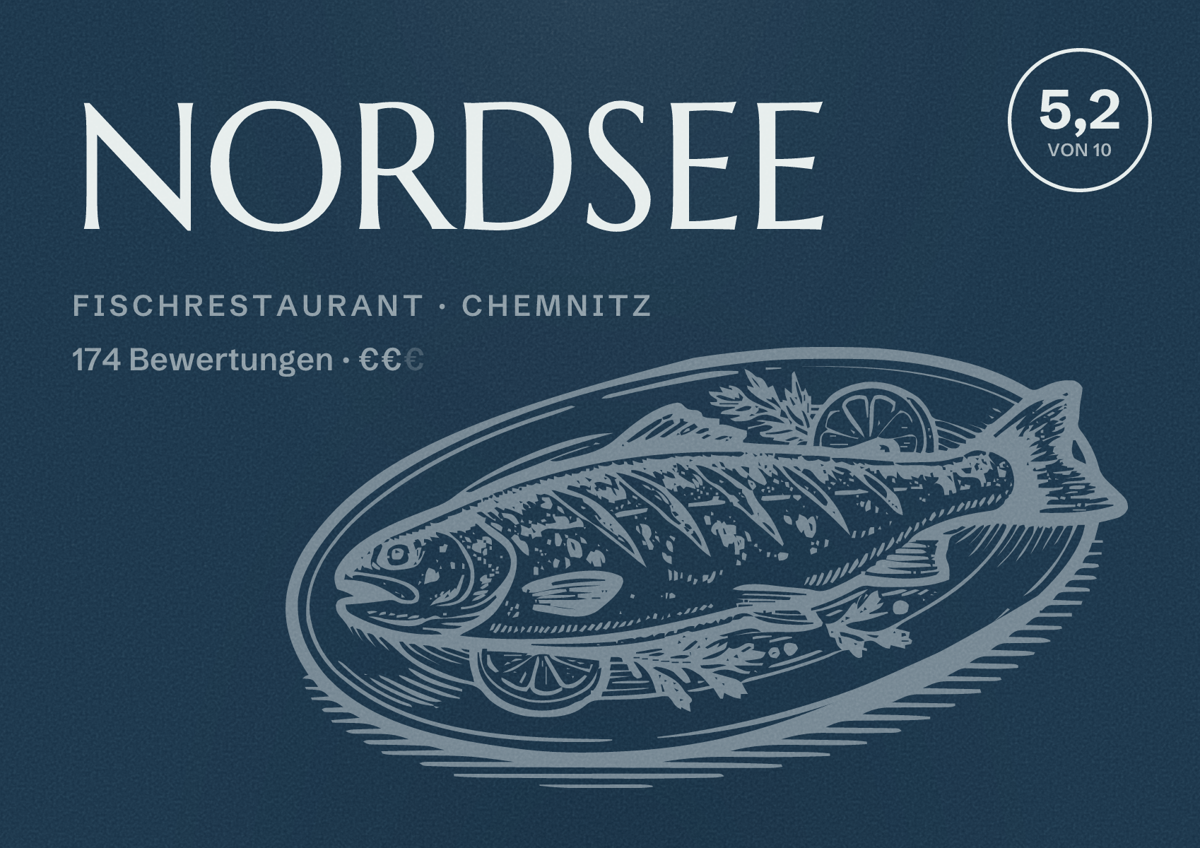 Illustriertes Poster von NORDSEE, Fischrestaurant in Chemnitz: Bewertung 5,2 von 10 aus 174 Bewertungen, Preisniveau €€