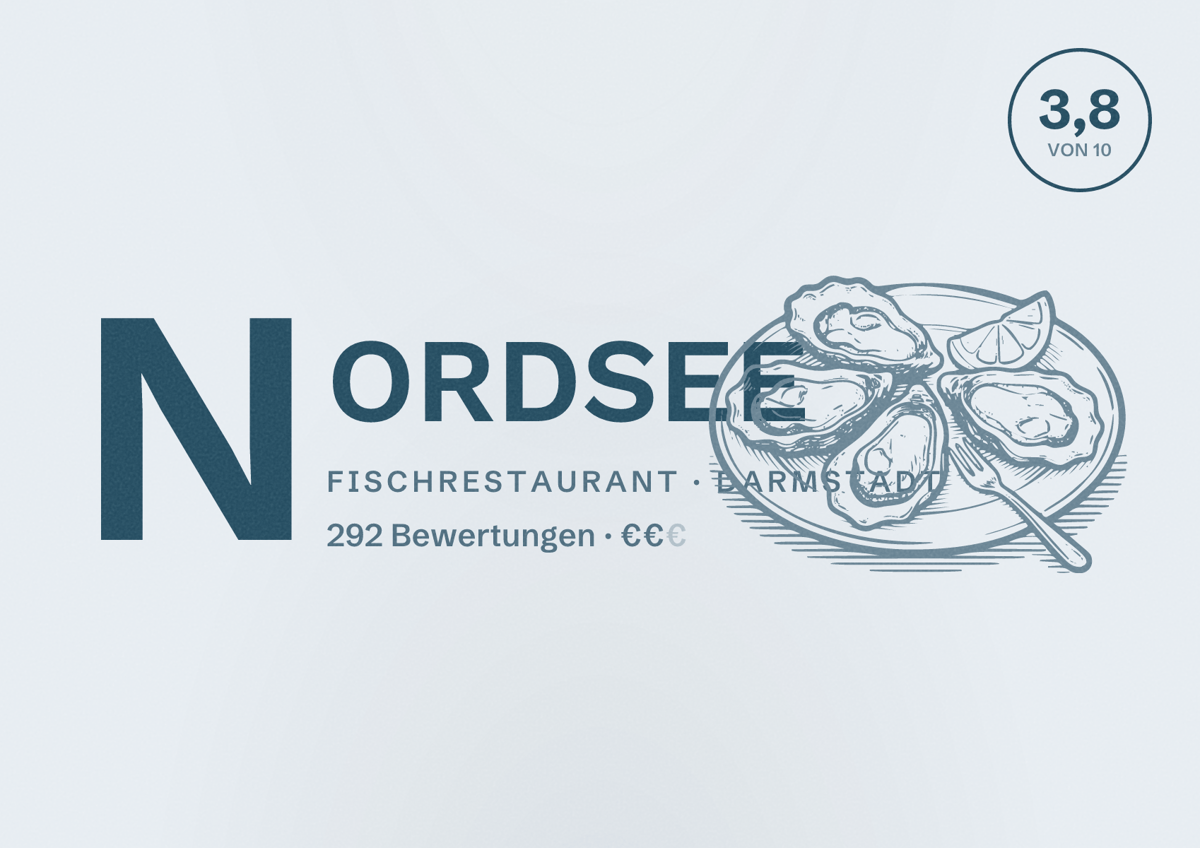 Illustriertes Poster von NORDSEE, Fischrestaurant in Darmstadt: Bewertung 3,8 von 10 aus 292 Bewertungen, Preisniveau €€