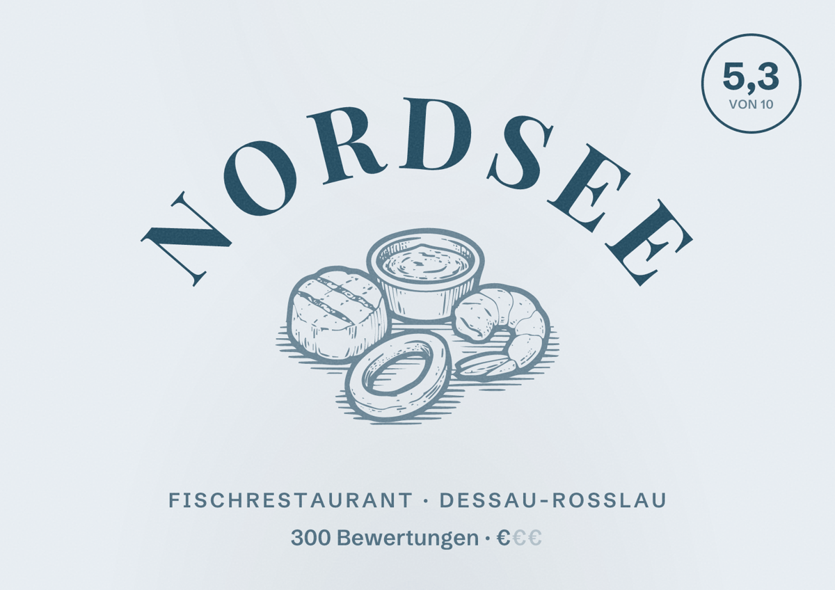 Illustriertes Poster von Nordsee, Fischrestaurant in Dessau-Roßlau: Bewertung 5,3 von 10 aus 300 Bewertungen, Preisniveau €