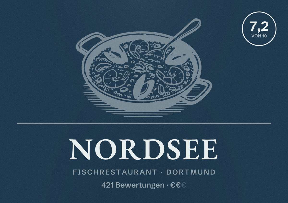 Illustriertes Poster von NORDSEE, Fischrestaurant in Dortmund: Bewertung 7,2 von 10 aus 421 Bewertungen, Preisniveau €€