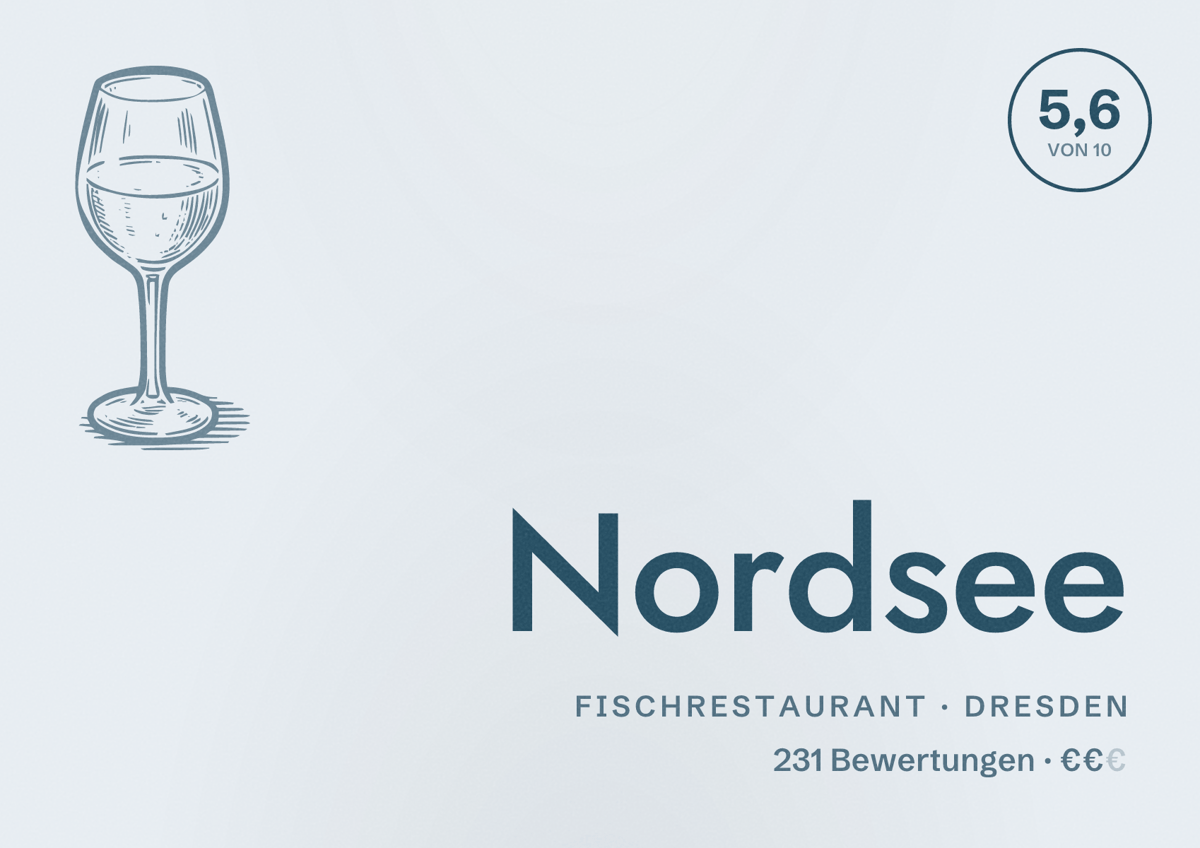 Illustriertes Poster von Nordsee, Fischrestaurant in Dresden: Bewertung 5,6 von 10 aus 231 Bewertungen, Preisniveau €€