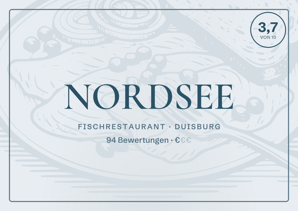 Illustriertes Poster von NORDSEE, Fischrestaurant in Duisburg: Bewertung 3,7 von 10 aus 94 Bewertungen, Preisniveau €