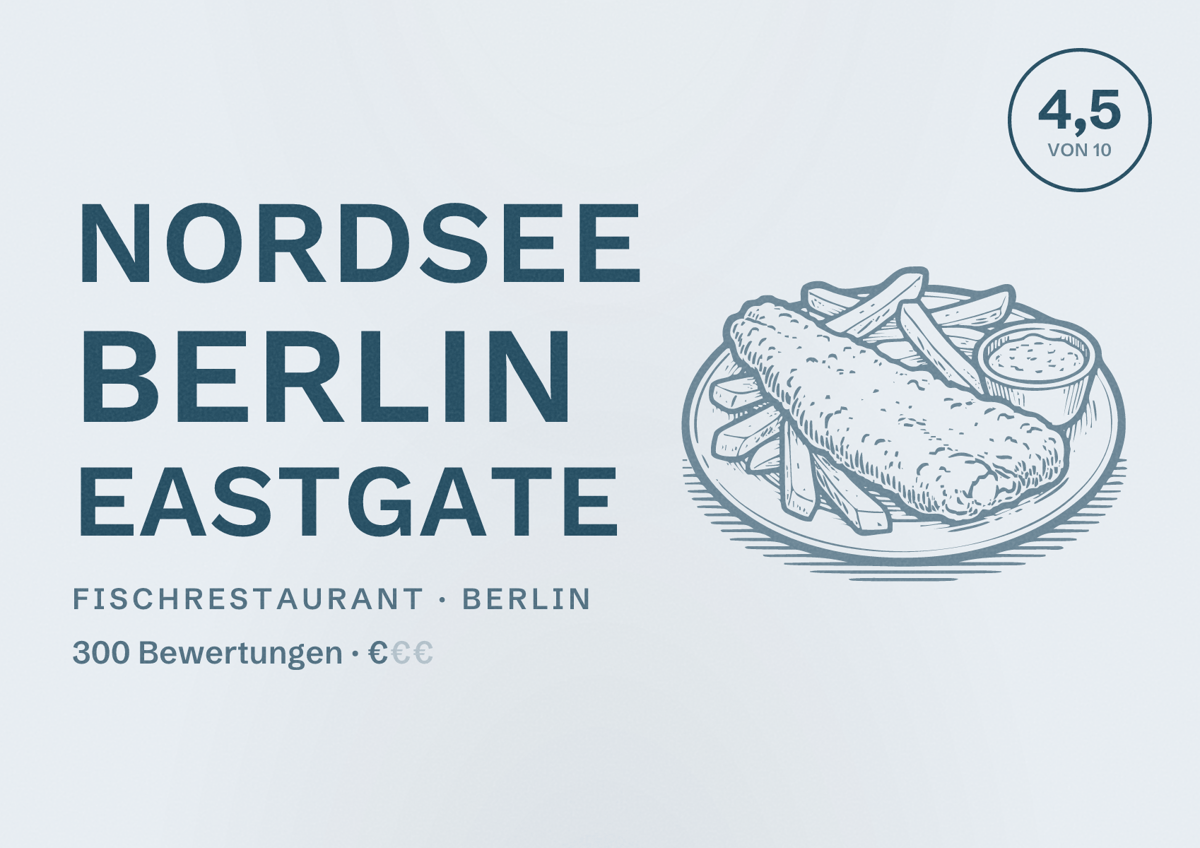 Illustriertes Poster von NORDSEE Berlin Eastgate, Fischrestaurant in Berlin: Bewertung 4,5 von 10 aus 300 Bewertungen, Preisniveau €