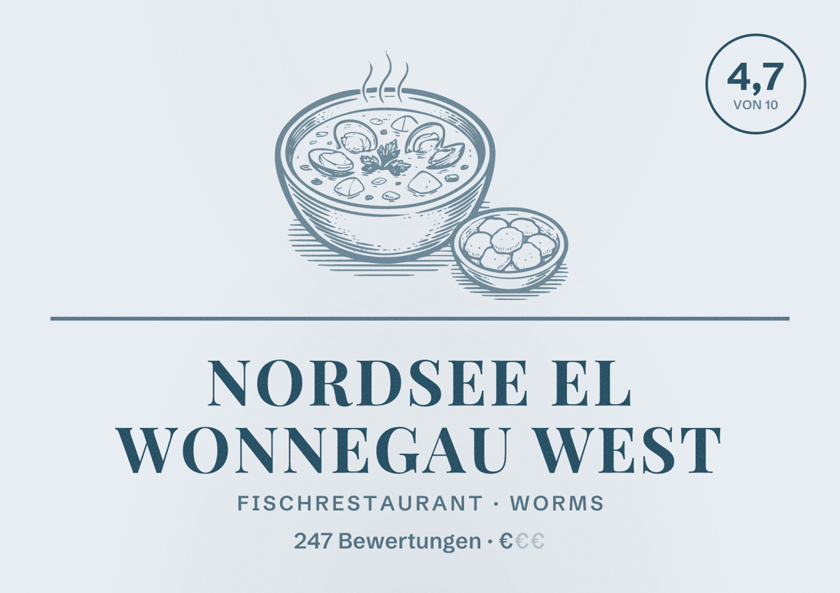Illustriertes Poster von NORDSEE EL Wonnegau West, Fischrestaurant in Worms: Bewertung 4,7 von 10 aus 247 Bewertungen, Preisniveau €