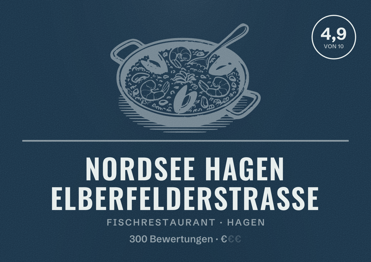 Illustriertes Poster von NORDSEE Hagen Elberfelderstraße, Fischrestaurant in Hagen: Bewertung 4,9 von 10 aus 300 Bewertungen, Preisniveau €