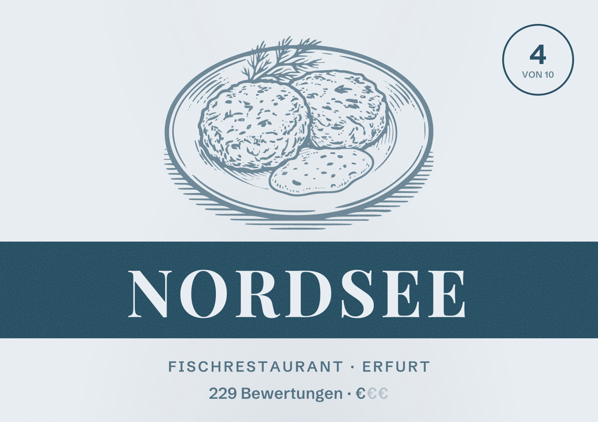 Illustriertes Poster von Nordsee, Fischrestaurant in Erfurt: Bewertung 4,0 von 10 aus 229 Bewertungen, Preisniveau €