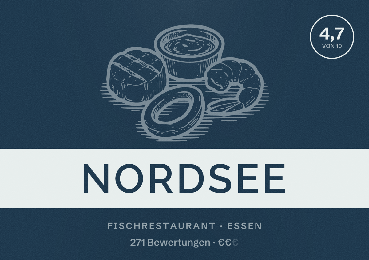 Illustriertes Poster von NORDSEE, Fischrestaurant in Essen: Bewertung 4,7 von 10 aus 271 Bewertungen, Preisniveau €€