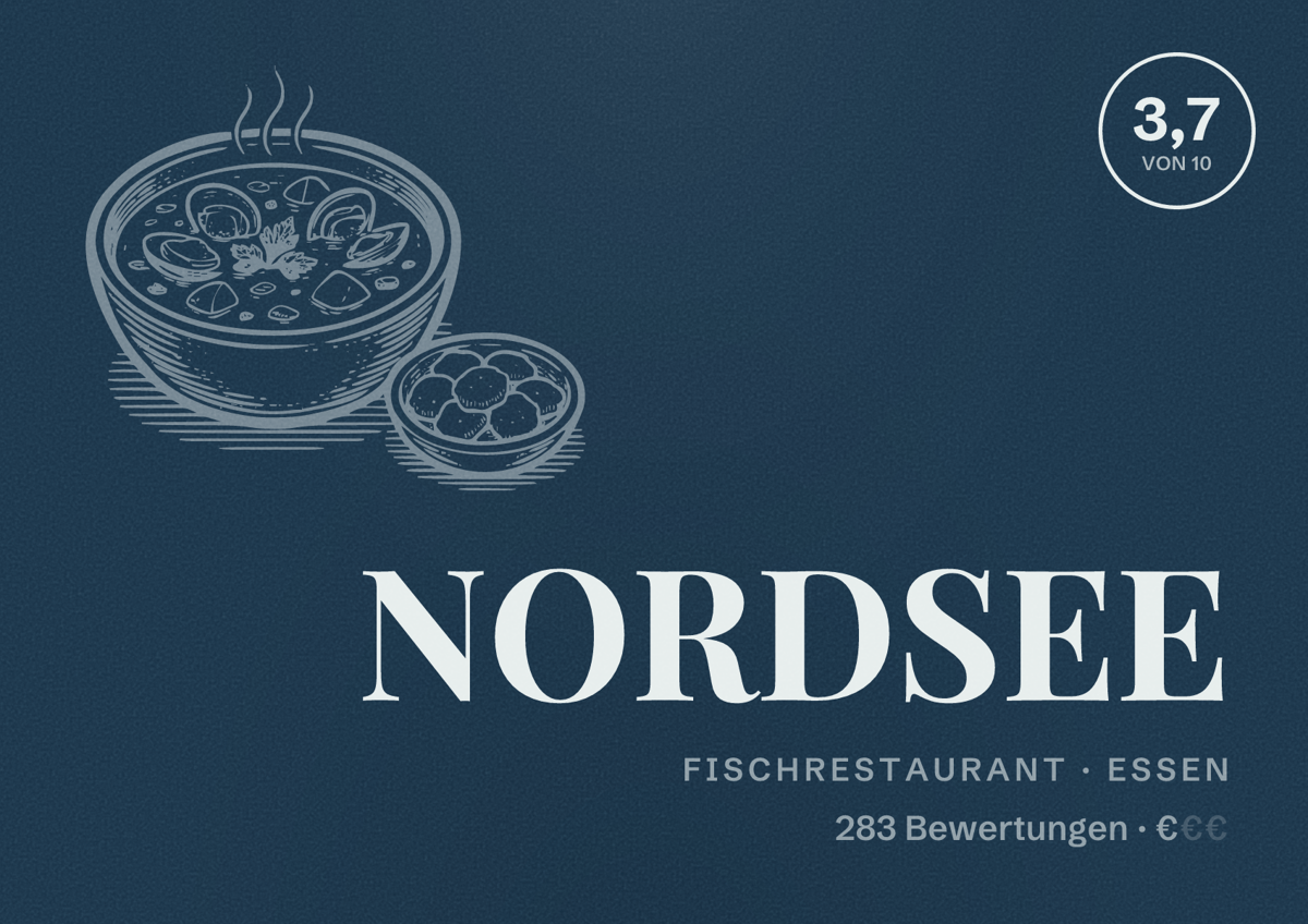 Illustriertes Poster von NORDSEE, Fischrestaurant in Essen: Bewertung 3,7 von 10 aus 283 Bewertungen, Preisniveau €