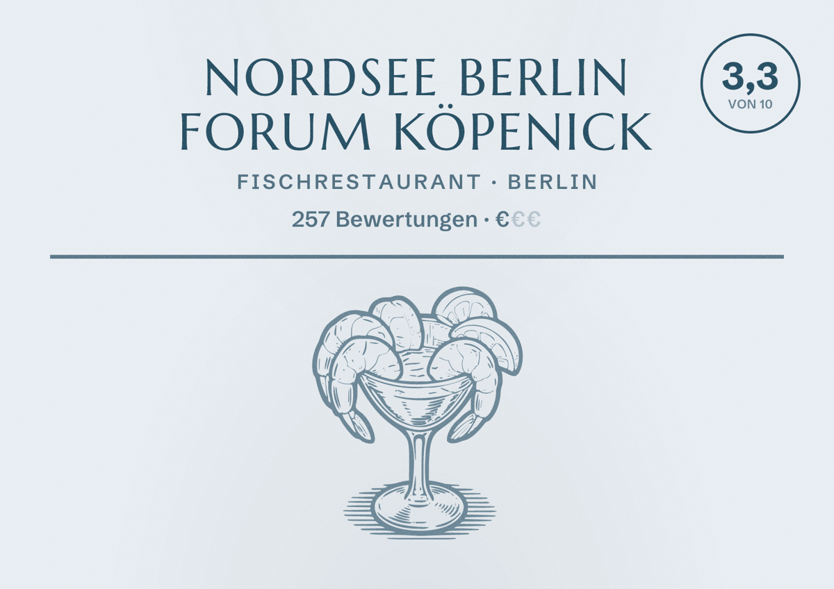 Illustriertes Poster von NORDSEE Berlin Forum Köpenick, Fischrestaurant in Berlin: Bewertung 3,3 von 10 aus 257 Bewertungen, Preisniveau €