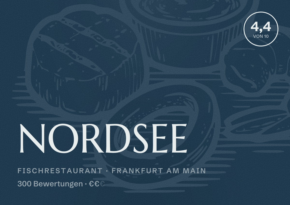 Illustriertes Poster von NORDSEE, Fischrestaurant in Frankfurt am Main: Bewertung 4,4 von 10 aus 300 Bewertungen, Preisniveau €€