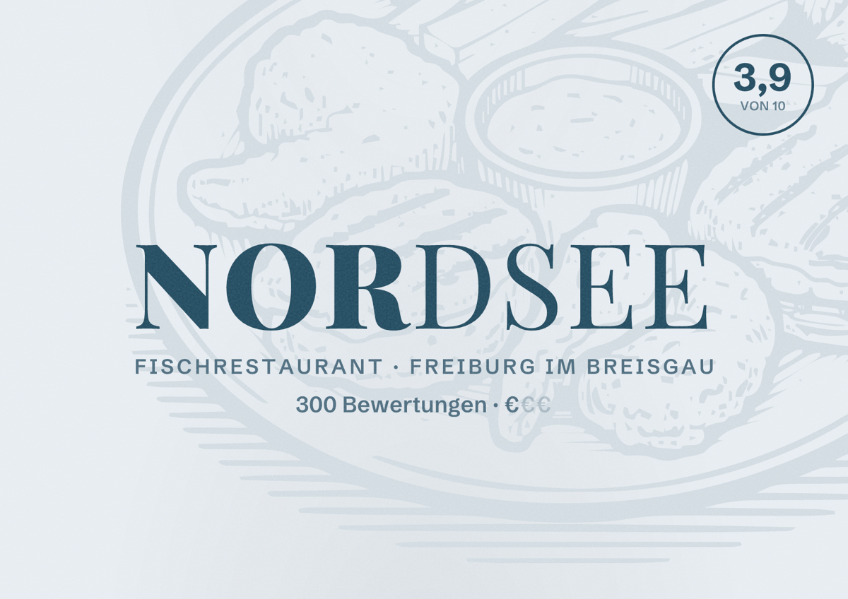 Illustriertes Poster von Nordsee, Fischrestaurant in Freiburg im Breisgau: Bewertung 3,9 von 10 aus 300 Bewertungen, Preisniveau €