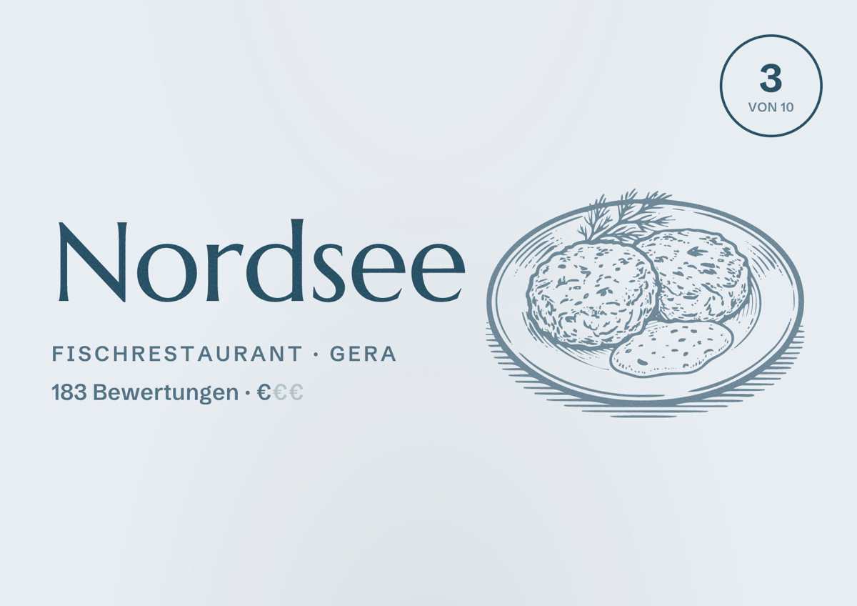 Illustriertes Poster von Nordsee, Fischrestaurant in Gera: Bewertung 3 von 10 aus 183 Bewertungen, Preisniveau €