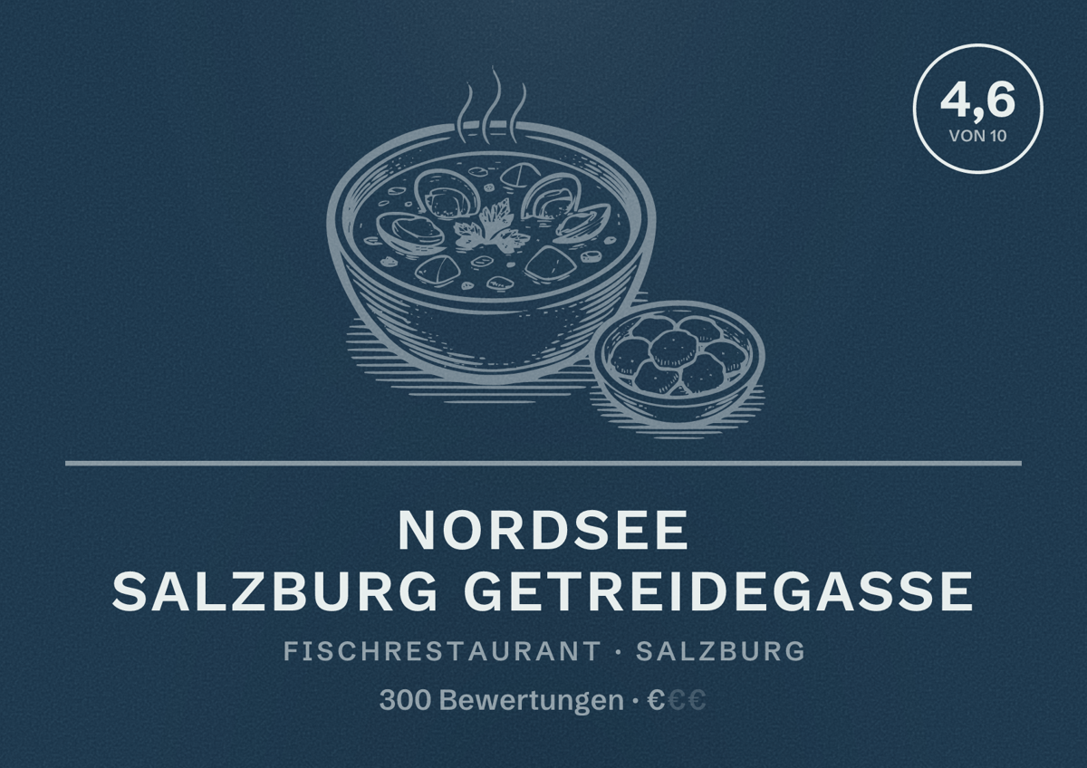 Illustriertes Poster von NORDSEE Salzburg Getreidegasse, Fischrestaurant in Salzburg: Bewertung 4,6 von 10 aus 300 Bewertungen, Preisniveau €