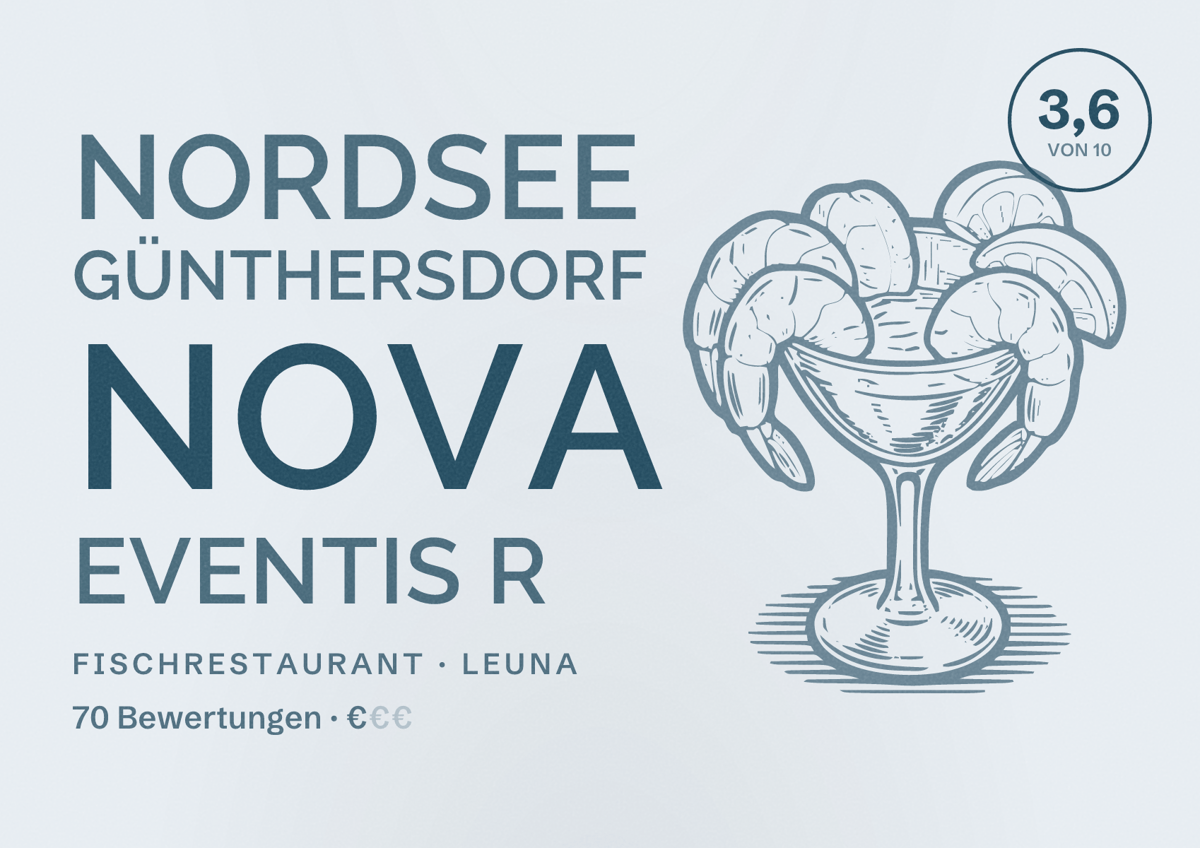 Illustriertes Poster von NORDSEE Günthersdorf Nova Eventis R, Fischrestaurant in Leuna: Bewertung 3,6 von 10 aus 70 Bewertungen, Preisniveau €