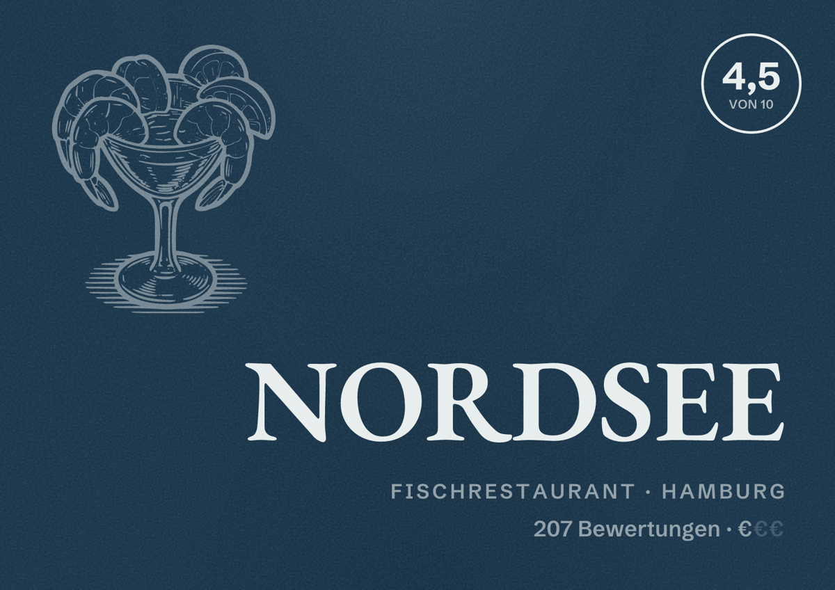 Illustriertes Poster von NORDSEE, Fischrestaurant in Hamburg: Bewertung 4,5 von 10 aus 207 Bewertungen, Preisniveau €